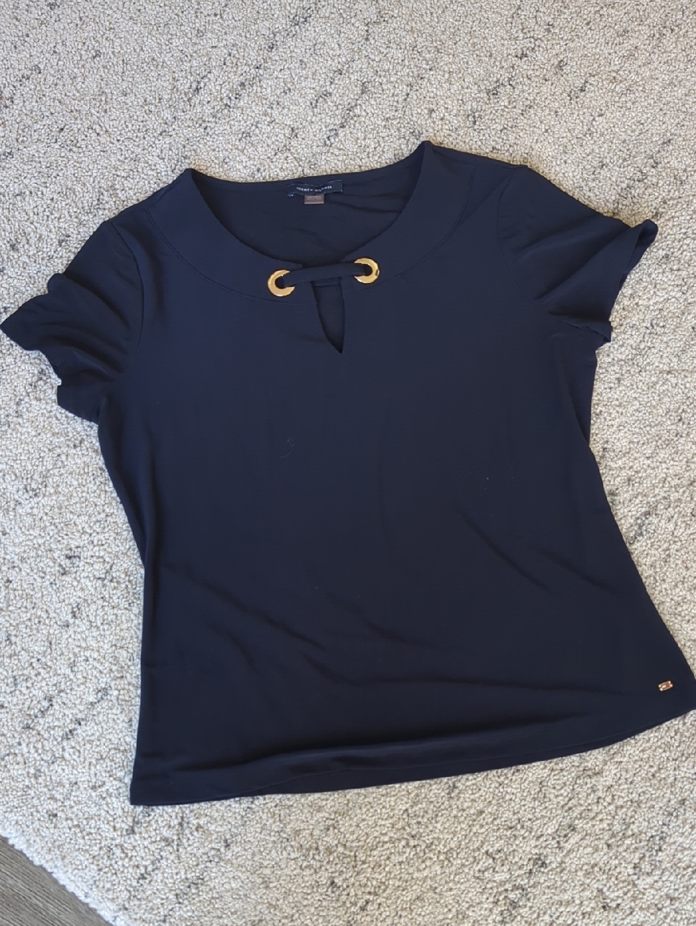 Tommy Hilfiger Navy Short-Sleeve Top with Gold Eyelet Detail